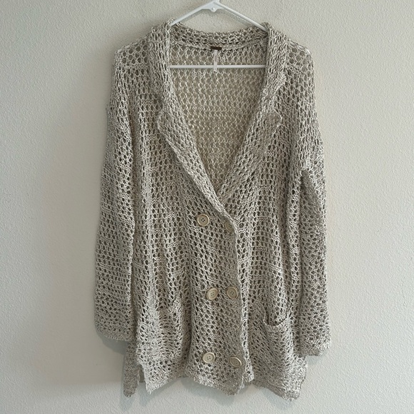 Free People Crochet Fish Net Boho Lagenlook Button Front Cardigan - Picture 1 of 8